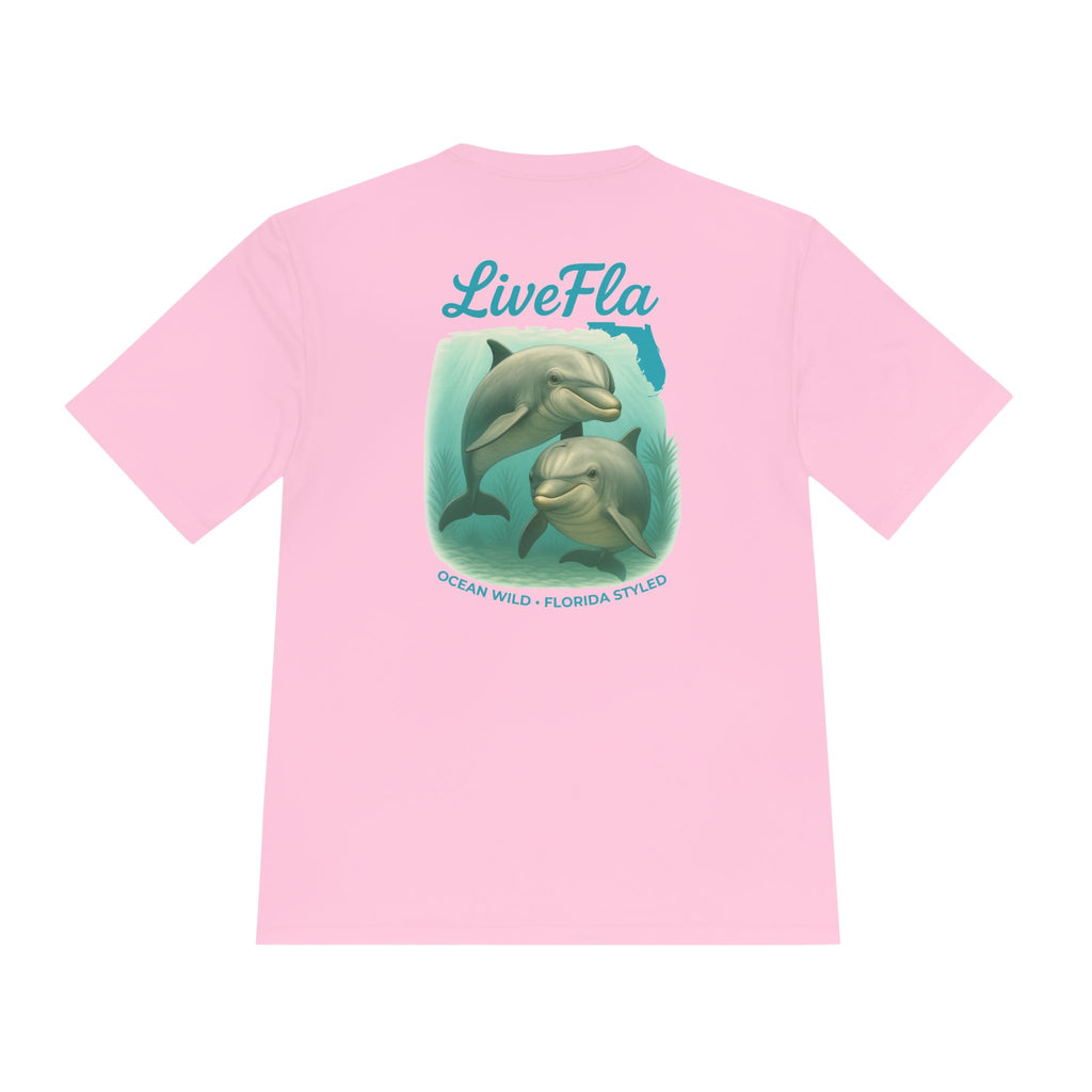 LiveFla Dolphin Unisex Moisture Wicking Tee - Ocean Inspired Summer Shirt, Beachwear, Casual T-shirt, Gifts for Dolphin Lovers, Swim Top