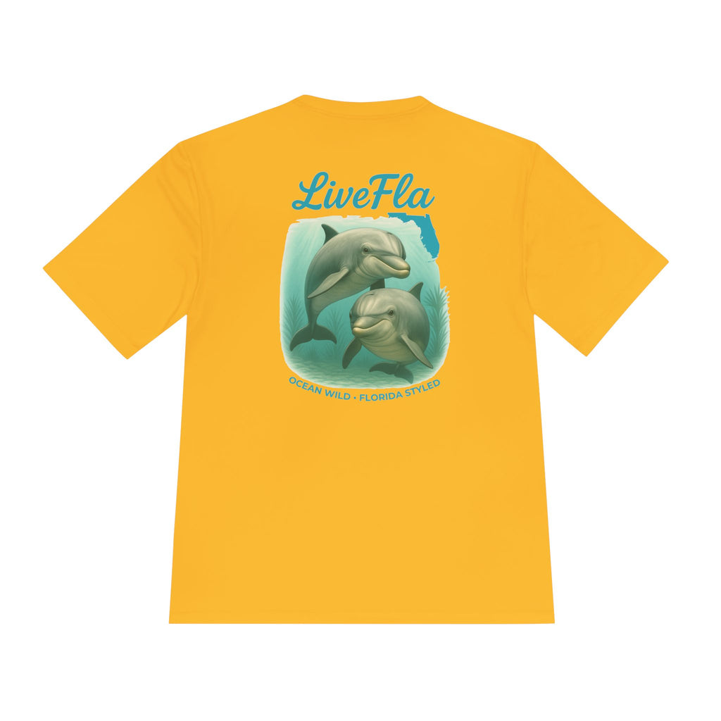 LiveFla Dolphin Unisex Moisture Wicking Tee - Ocean Inspired Summer Shirt, Beachwear, Casual T-shirt, Gifts for Dolphin Lovers, Swim Top