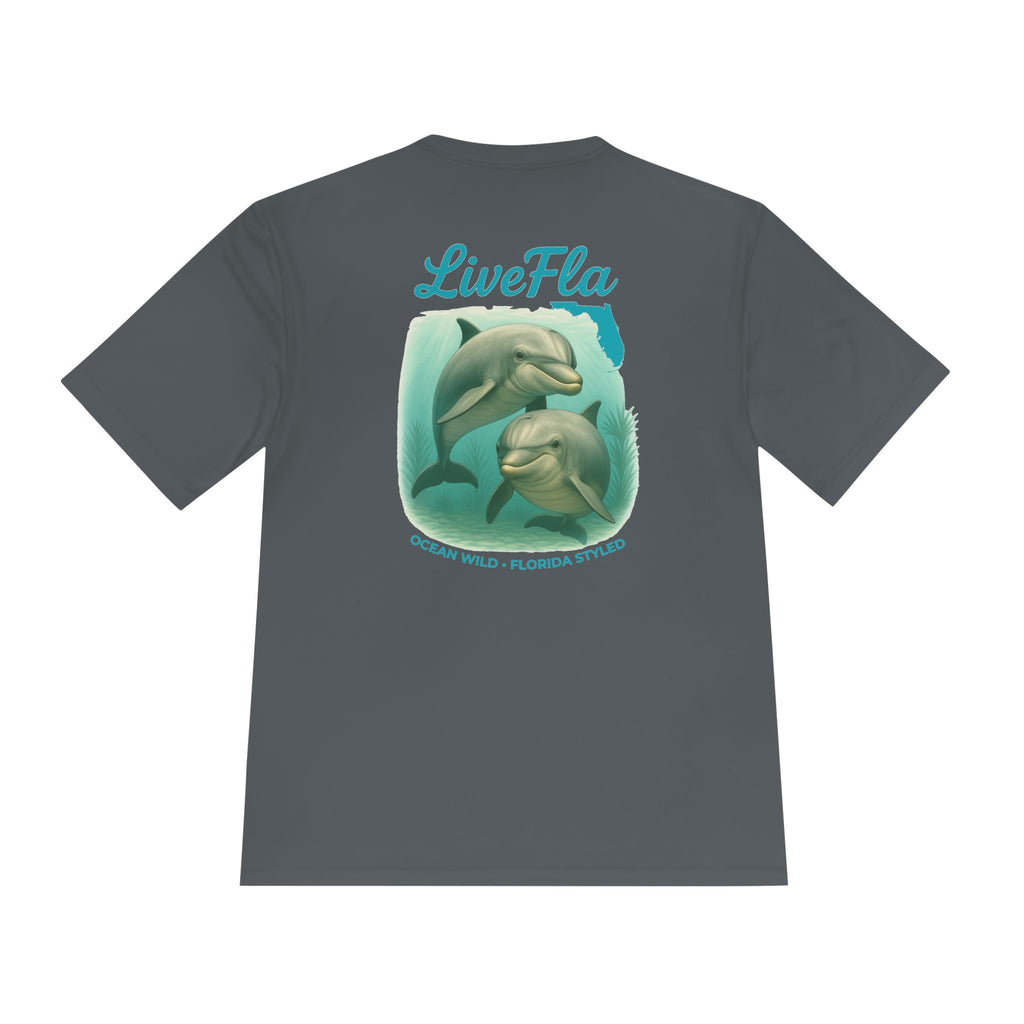 LiveFla Dolphin Unisex Moisture Wicking Tee - Ocean Inspired Summer Shirt, Beachwear, Casual T-shirt, Gifts for Dolphin Lovers, Swim Top
